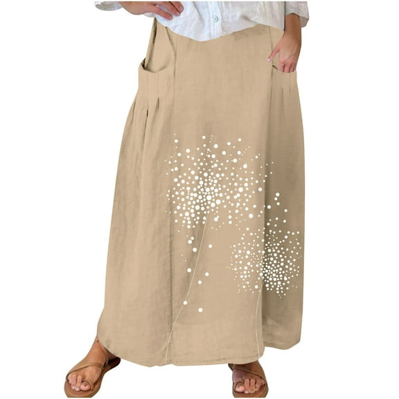 Mrat Plus Size Skirts for Women Women's Casual Retro Floral Skirts Linen Elastic Waist Pleated Maxi Skirt with Pockets Plus Size Skirts S-242 Khaki L