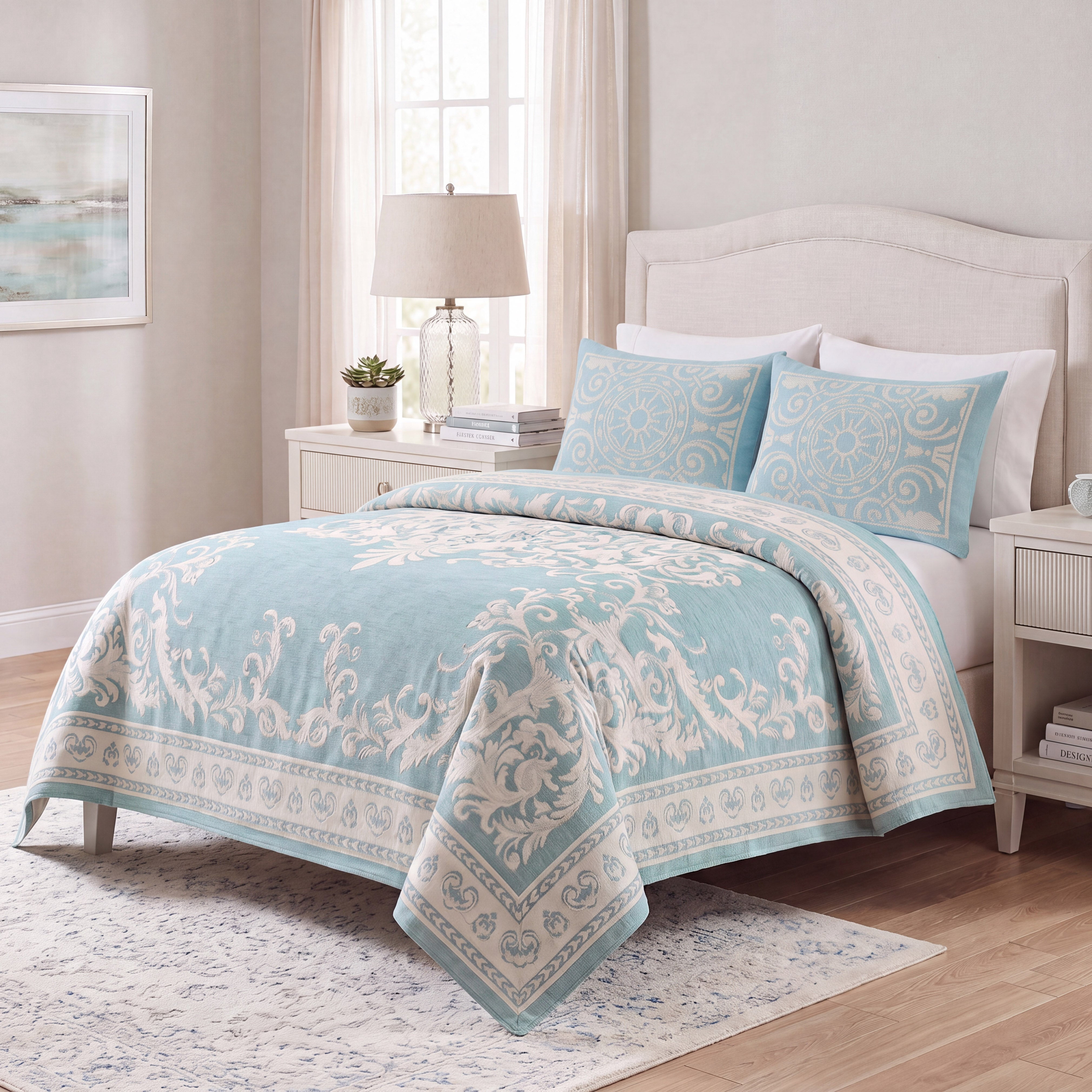 Superior Woven Jacquard Bedspread Set King Size, 3-Piece Lightweight All Seasons Coverlet, Aqua