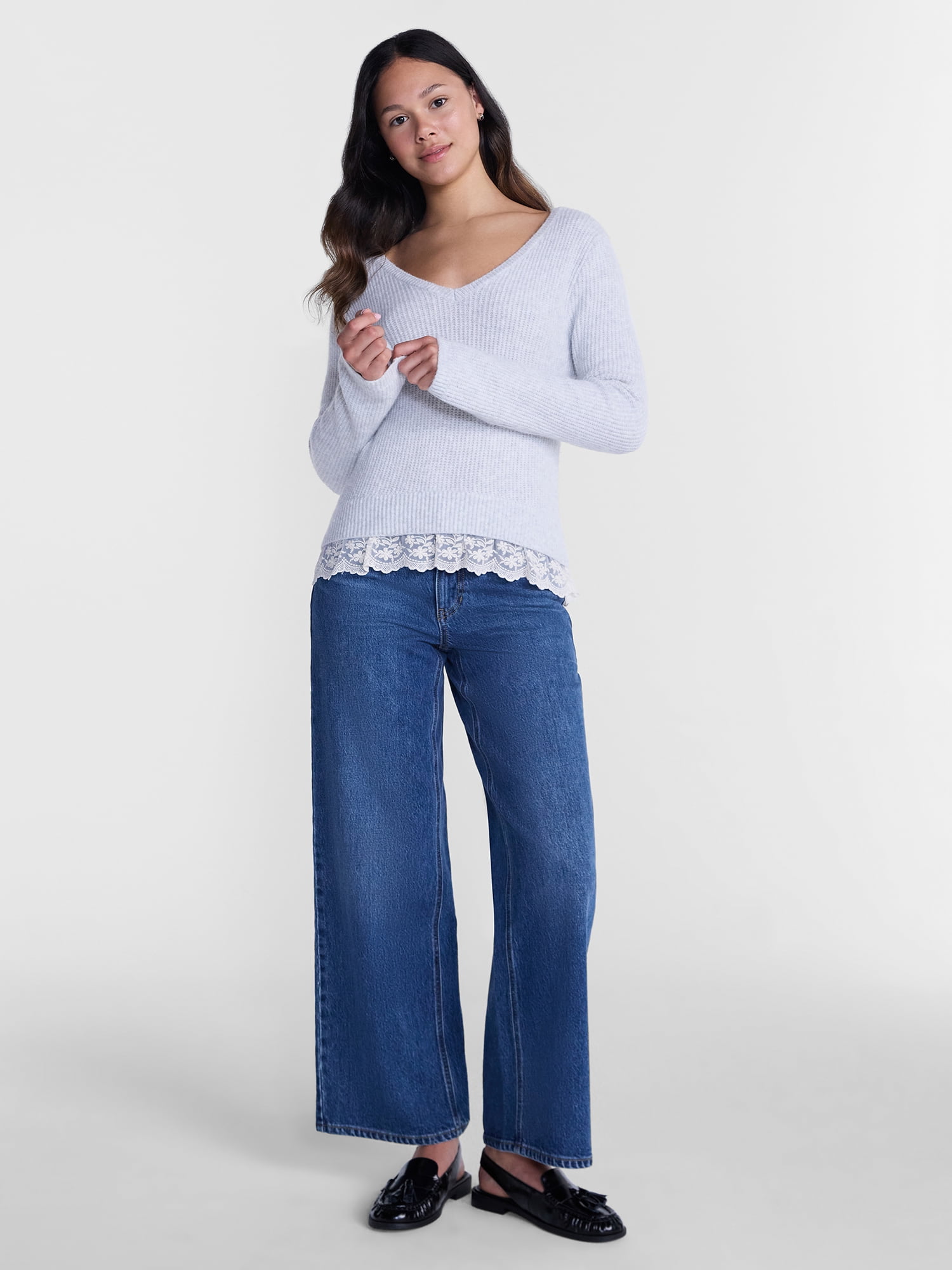 No Boundaries V-Neck Pullover Sweater with Lace Trim, Women's, Sizes XS-XXXL