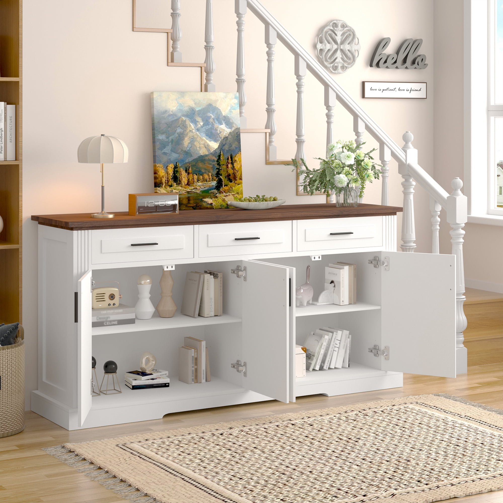 Mintazer 63" Fluted Sideboard Buffet Cabinet with Storage, Kitchen Storage Console Table with 4 Doors and 3 Drawers, Modern Coffee Bar Station for Entryway Kitchen Living Room Dining Room, White
