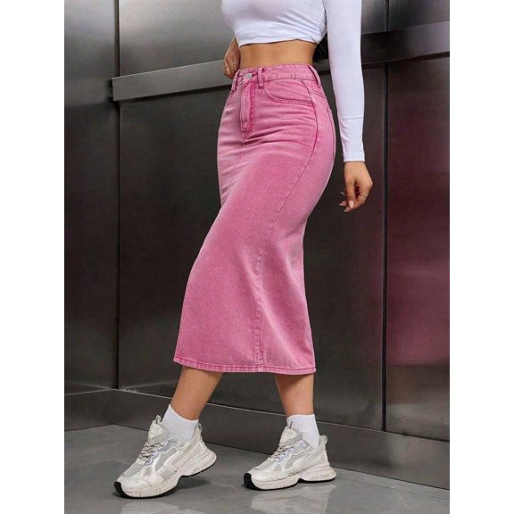 Womens Pink High-Waist Slim Fit Denim Midi Skirt With Side Split