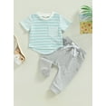 thumbnail image 2 of hirigin Toddler Baby Boy Clothes Suits Stripe Patchwork Short Sleeve Crew Neck Pocket Tops Elastic Waist Long Pants 2Pcs Set, 2 of 9