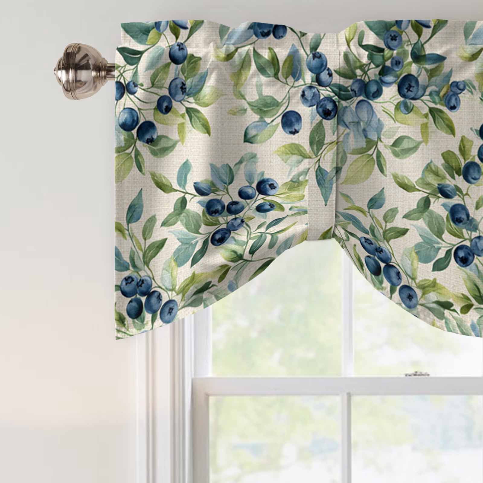Blue Blueberry Tie Up Valance for Windows, Green Leaf Pastoral Plant Vintage Linen Adjustable Rod Pocket Tie Up Valance Curtains Window Treatment for Kitchen Bathroom Bedroom 60 X 18 Inch