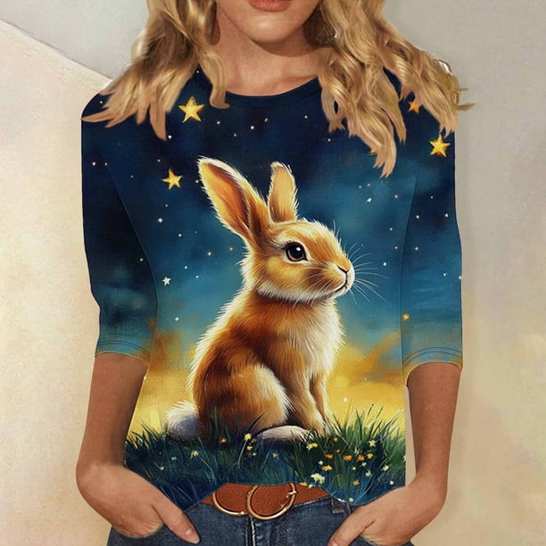 TaTaai Women's Casual Easter Top Round Neck 3/4 Sleeve Pullover T-Shirt Printed Design Loose Fit Holiday Spring Festival Blouse Gift