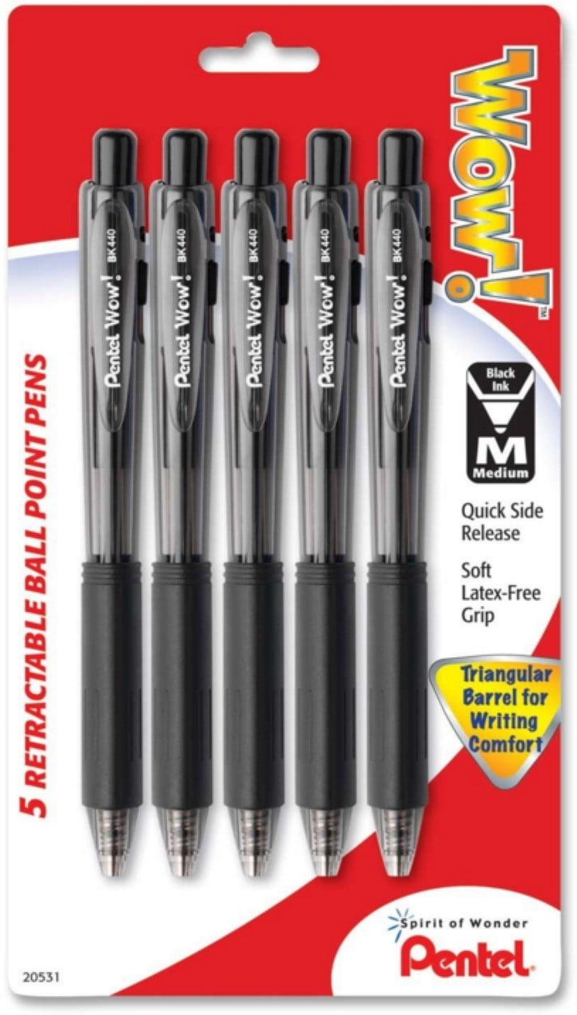 Pentel 5 Count Medium Point WOW Retractable Pen in Black Set of 6 BK440BP5A for sale online 