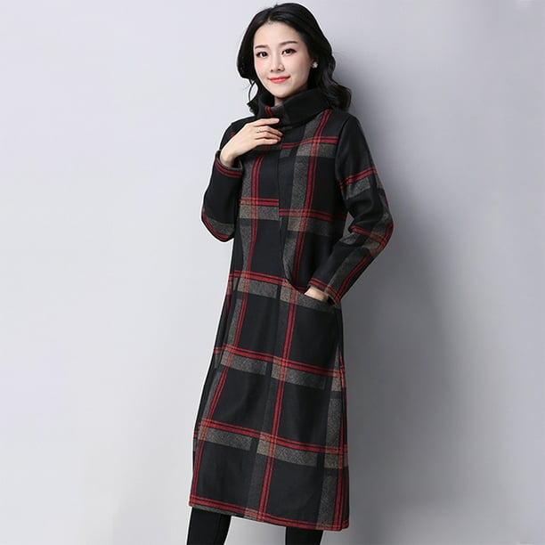 Lixada Women Dress Plaid Checked Print High Neck Long Sleeve Side Pocket Gown Autumn Winter Elegant One Piece Walmart Com Walmart Com