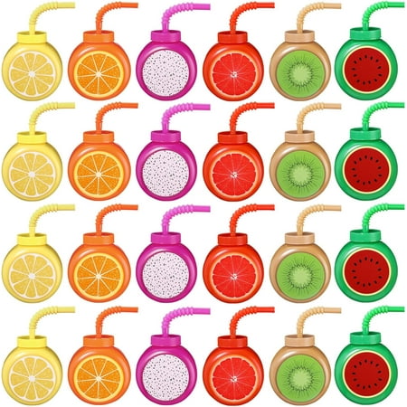 24 Set Summer Fruit Cups with Straws Lids 10oz Plastic Frutti Party Cups Tropical Kiwi Lemon Orange Grapefruit Watermelon Pitaya Sippy Cup for Boys Girls Birthday Luau Party Favor Supplies