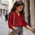 thumbnail image 4 of hoksml Girls Solid Color Soft Ruffle 3/4 Sleeve Blouse, V-Neck Button Down Shirt for Back to School and Everyday Wear, 4 of 8