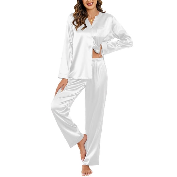 Ekouaer Silk Satin Pajamas Set Women's 2 Piece Pjs Long Pant Fall Soft Sleepwear Button Up Loungewear with Pockets