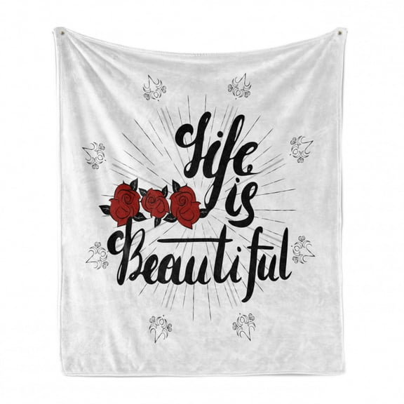 Saying Soft Flannel Fleece Throw Blanket, Life is Saying with Roses and Victorian Style Motifs, Cozy Plush for Indoor and Outdoor Use, 50" x 60", Indigo Ruby, by Ambesonne