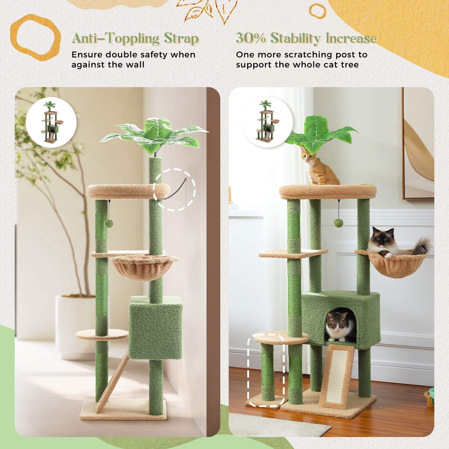 PEQULTI 53" Cactus Cat Tree for Indoor Pet Large Cat Tower with Hammock & Scratching Ladder Green