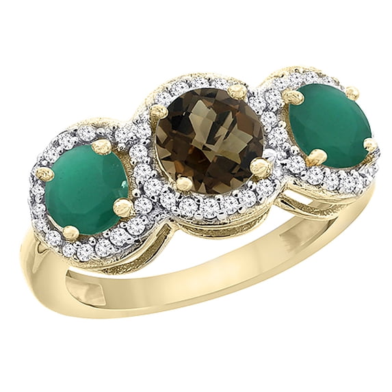 14K Yellow Gold Natural Smoky Topaz & Emerald Sides Round 3-stone Ring Diamond Accents, size 5