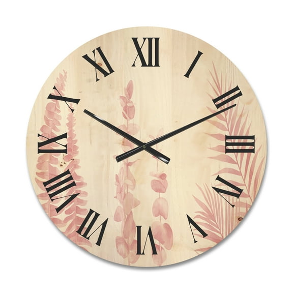 Designart 'Palm Branches and Blush Pinkeucalyptus' Shabby Chic Wood Wall Clock