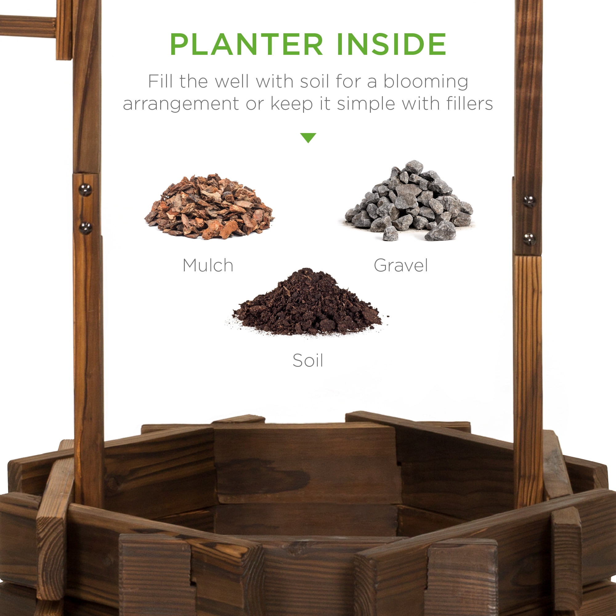 Best Choice Products 21.5" Rustic Wooden Wishing Well Planter Outdoor Home Decor for Patio, Garden, Yard w/ Hanging Bucket - Rustic Brown