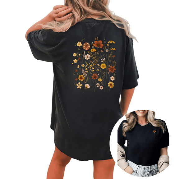 Giffimy Women's Wildflower Floral Graphic Short Sleeve T-Shirt Dual-Sided Print Casual Cotton Crewneck Top