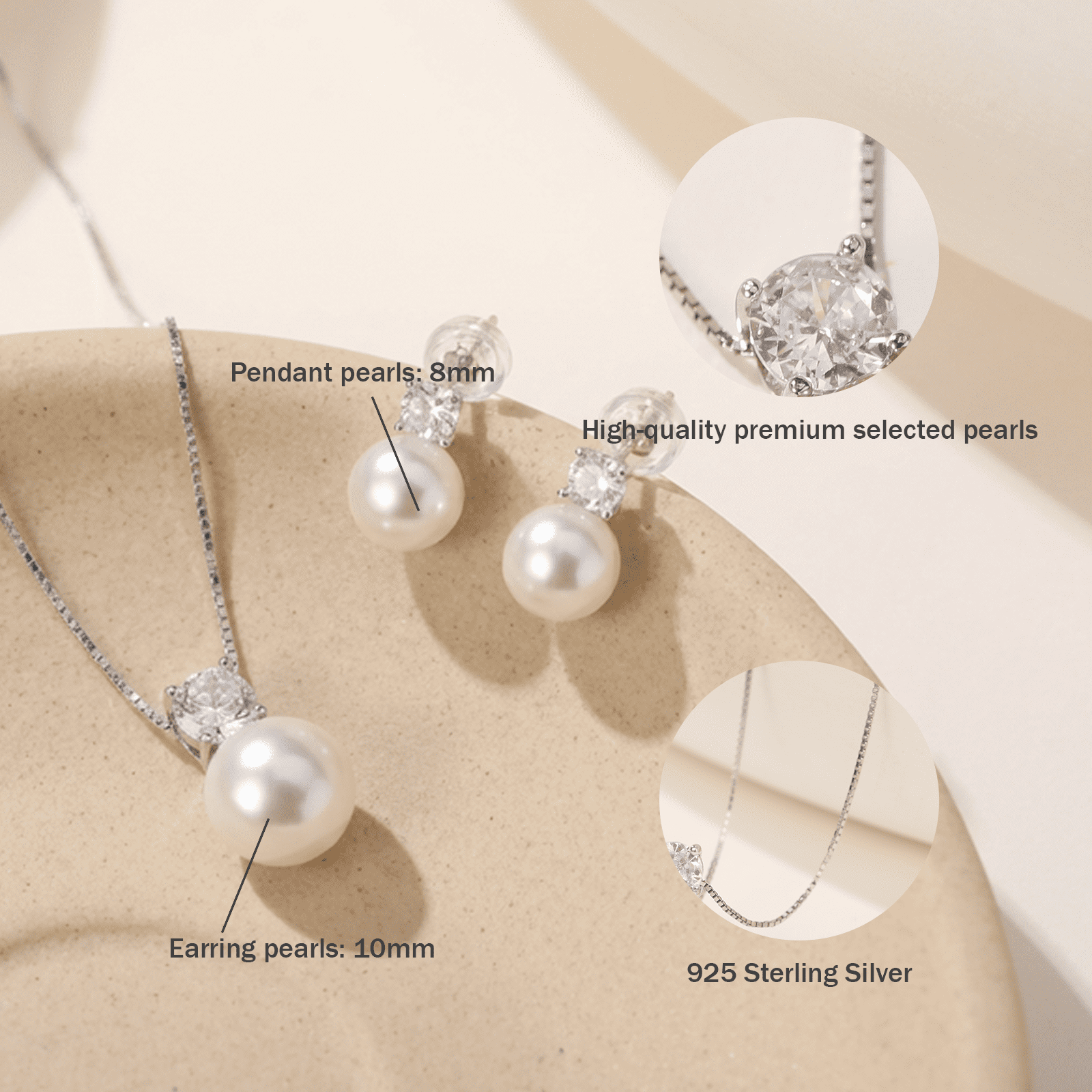 BAMIKI 8-10mm White Cultured Pearl Earrings and Necklace Set for Women, 925 Sterling Silver Jewelry, Hypoallergenic Gift