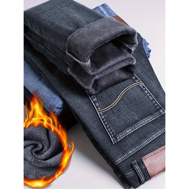 Jean en Molleton Chaud pour Homme pour Affaires, Pantalon en Denim Style Rue Décontracté avec Poches pour l'Automne et l'Hiver