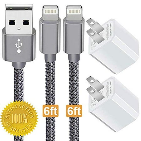 Mini Phone Plug - Chargers 5W USB Power Adapter Wall Charger 1A Cube for Plug Outlet w/ 6FT Nylon Braided Charging Pad Cable Cord Compatible wtih iPhone X Case/8/8 Plus/7/7 Plus/6/6s/5s,iPad Mini (2-Pack Grey)