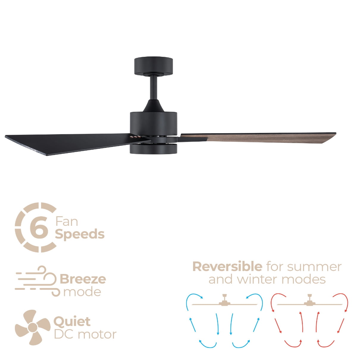 Bali 52in 3-Blade Smart Ceiling Fan 2700K-6000K CCT Tunable Range LED Light Kit in Matte Black with Reversible Black and Weathered Wood Blades Works With iOS or Android App