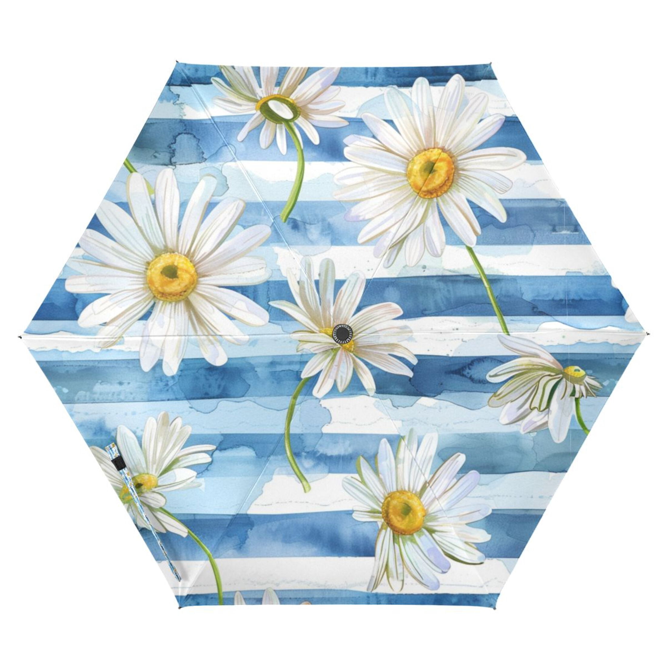 Daisy Flower on Blue White Stripes Compact Sun Umbrella Windproof Travel Umbrellas for Rain Strong Portable UV Protection