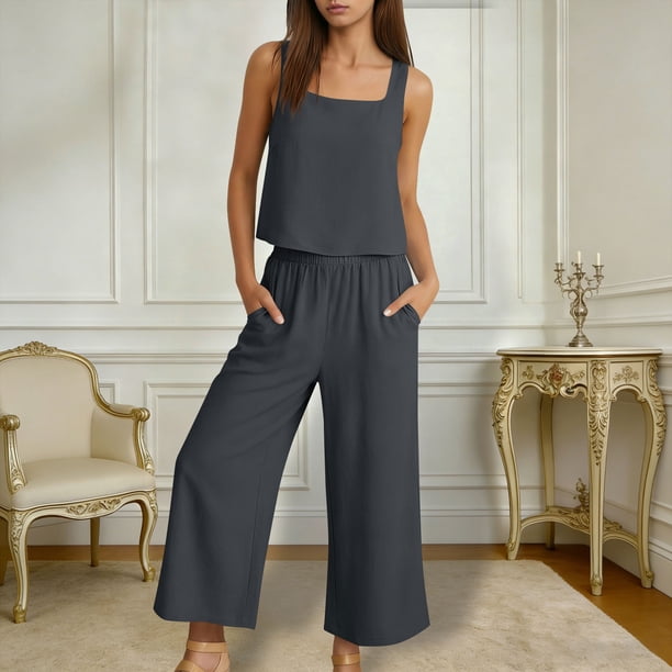 TaTaai Women Loose Fit Sleeveless Crop Top Set Button Front Crew Neck Tank and Capri Wide Leg Pants With Pockets Lightweight Breathable Machine Washable No Fading Daily Outdoor Street Wear Gift