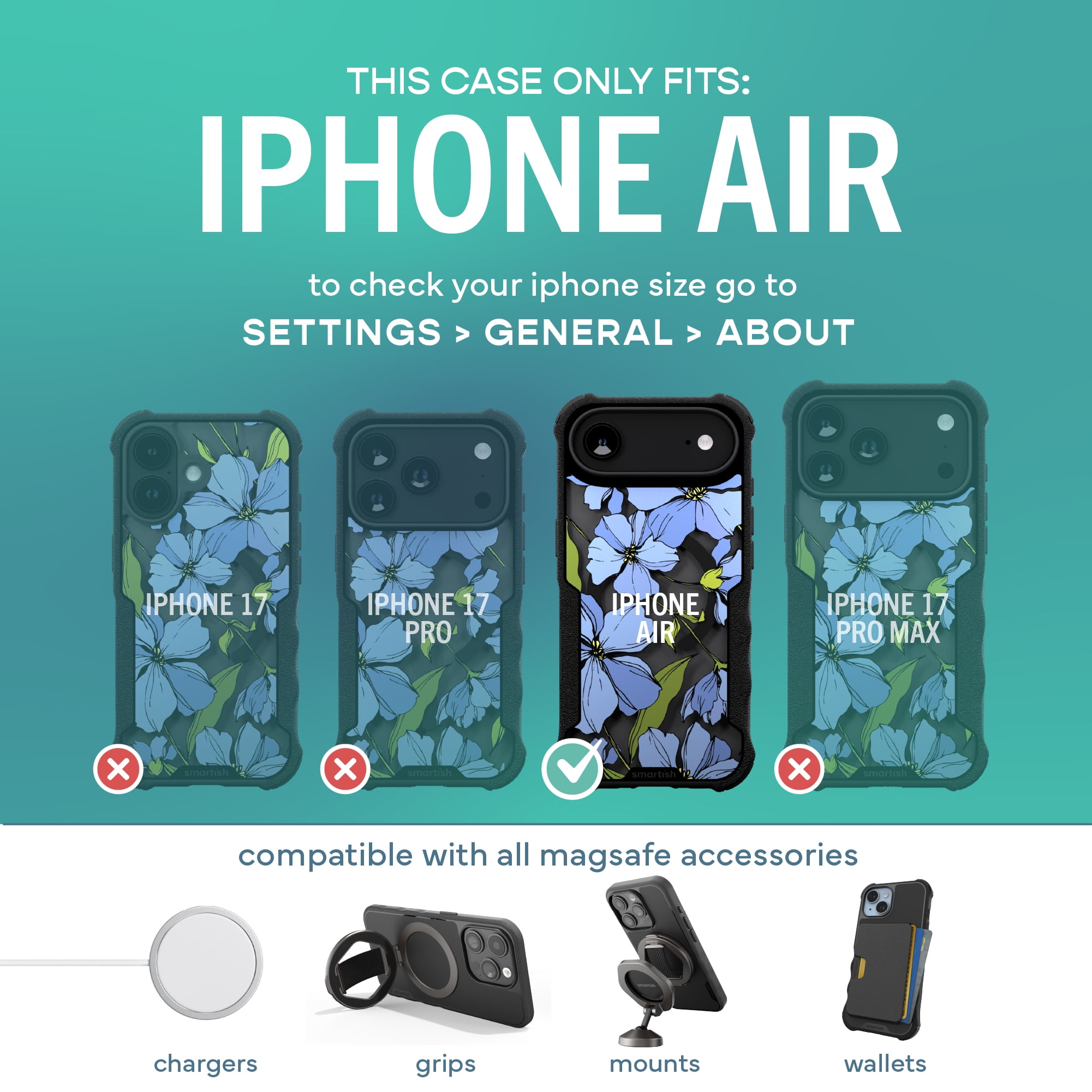 Smartish® iPhone 17 Air MagSafe Case - Gripzilla Protective Magnetic Clear Case [Rugged + Tough] Heavy Duty Grip - Anti-Yellowing Drop Tested Cover for Apple iPhone 17 Air - Blue Blossoms