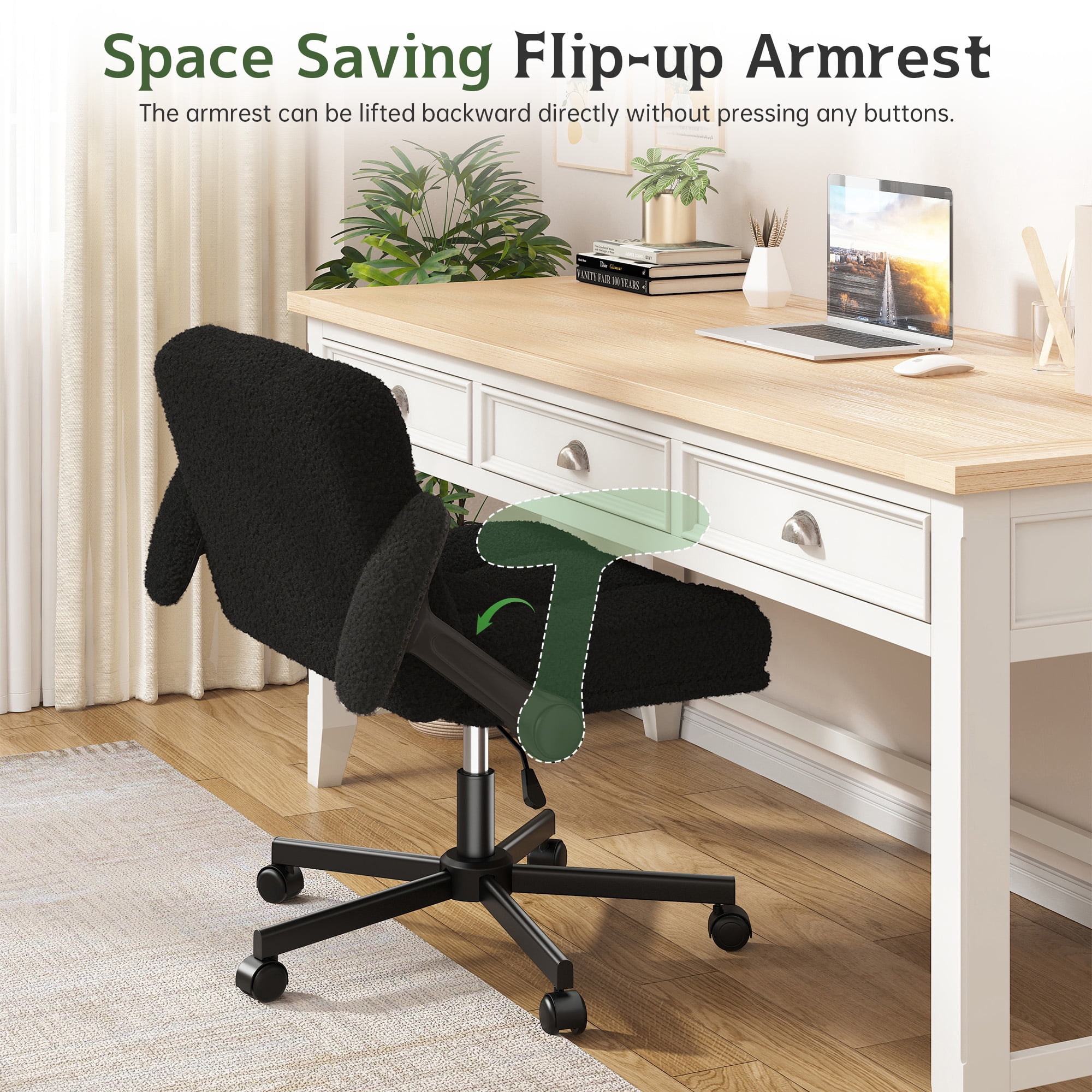 Romorgniz Criss Cross Chair with Flip-up Arms & Wheels Desk Chair with Adjustable Height & Teddy Plush Fabric for Bedroom, Home Office Desk, Vanity, Black