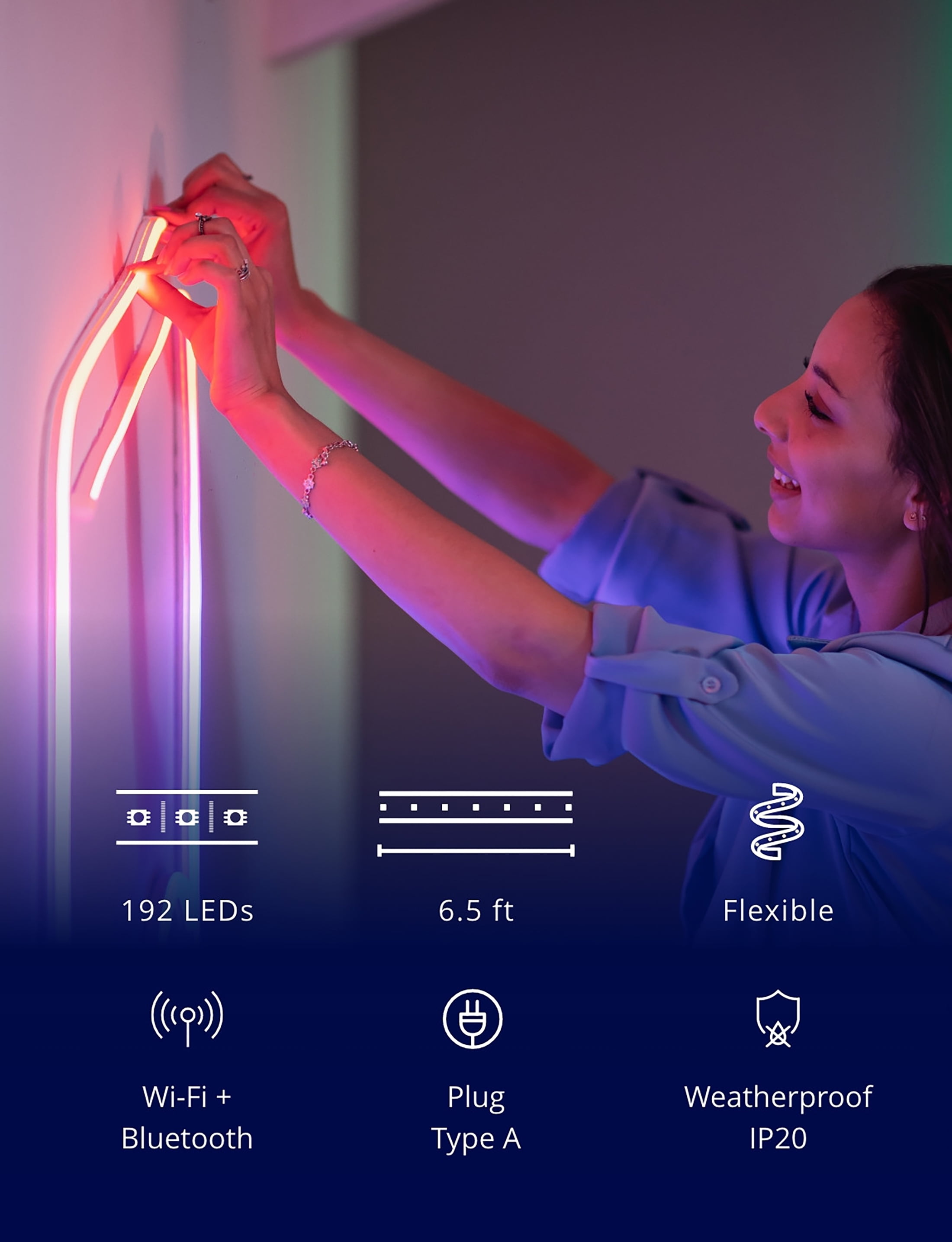Twinkly Flex – App-Controlled Flexible Multicolor Light Tube with RGB LEDs, 6.5 feet, White Wire, One unit
