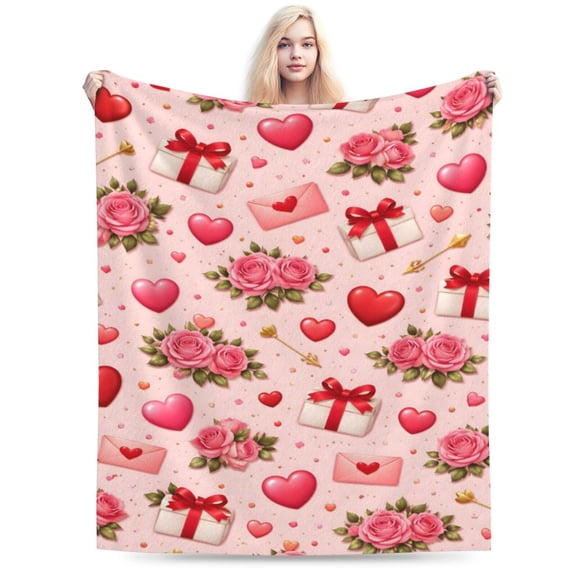 Valentine Roses Hearts Blanket, Valentines Day Romantic Gift Soft Cozy Plush Flannel Blanket for Sofa Couch Bed Bedroom Decor 50x40
