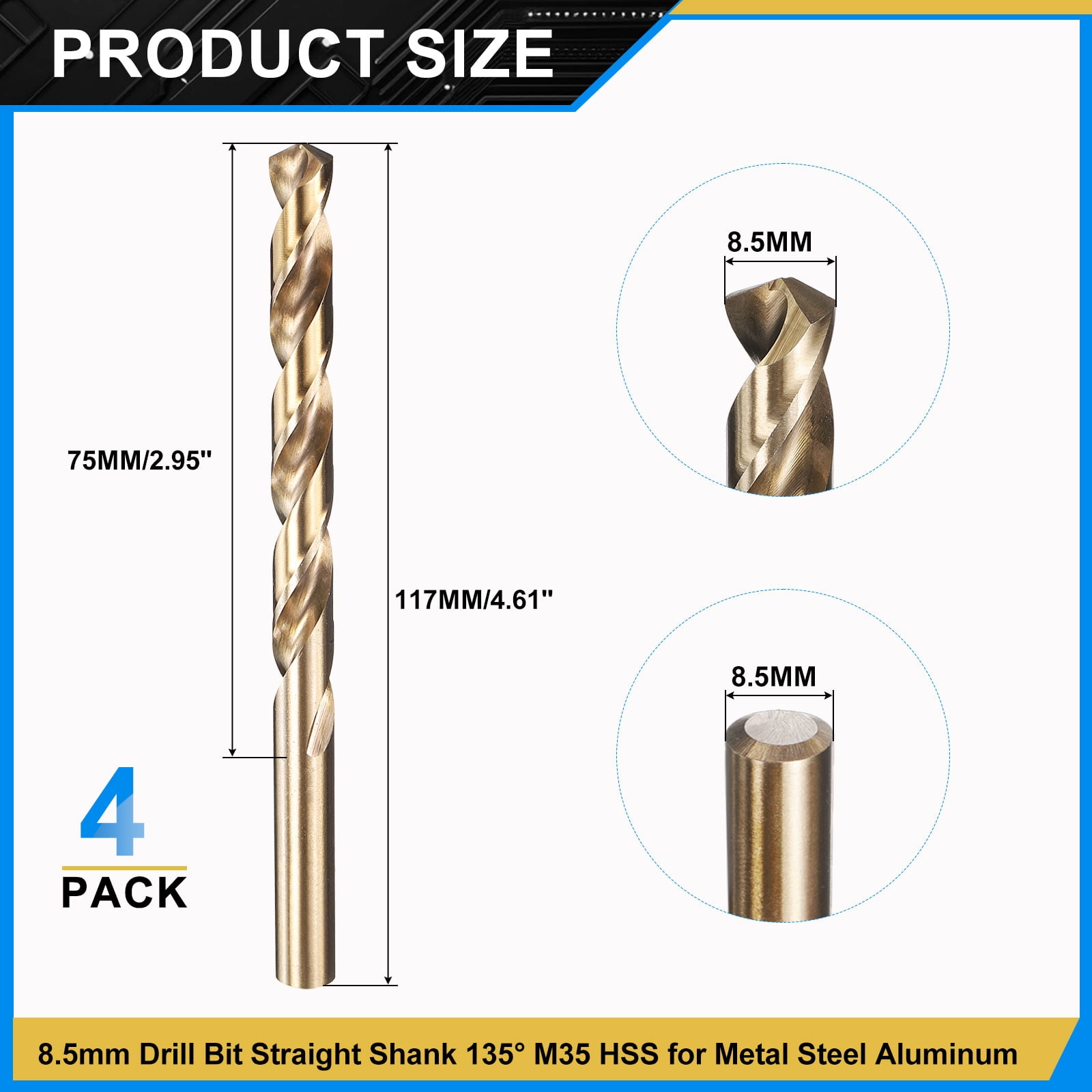 Uxcell 8.5mm Drill Bit, Jobber Straight Shank M35 Cobalt 5% High-Speed Steel 135° Gold Finish for Stainless Steel Hard Metal - 4 Pack