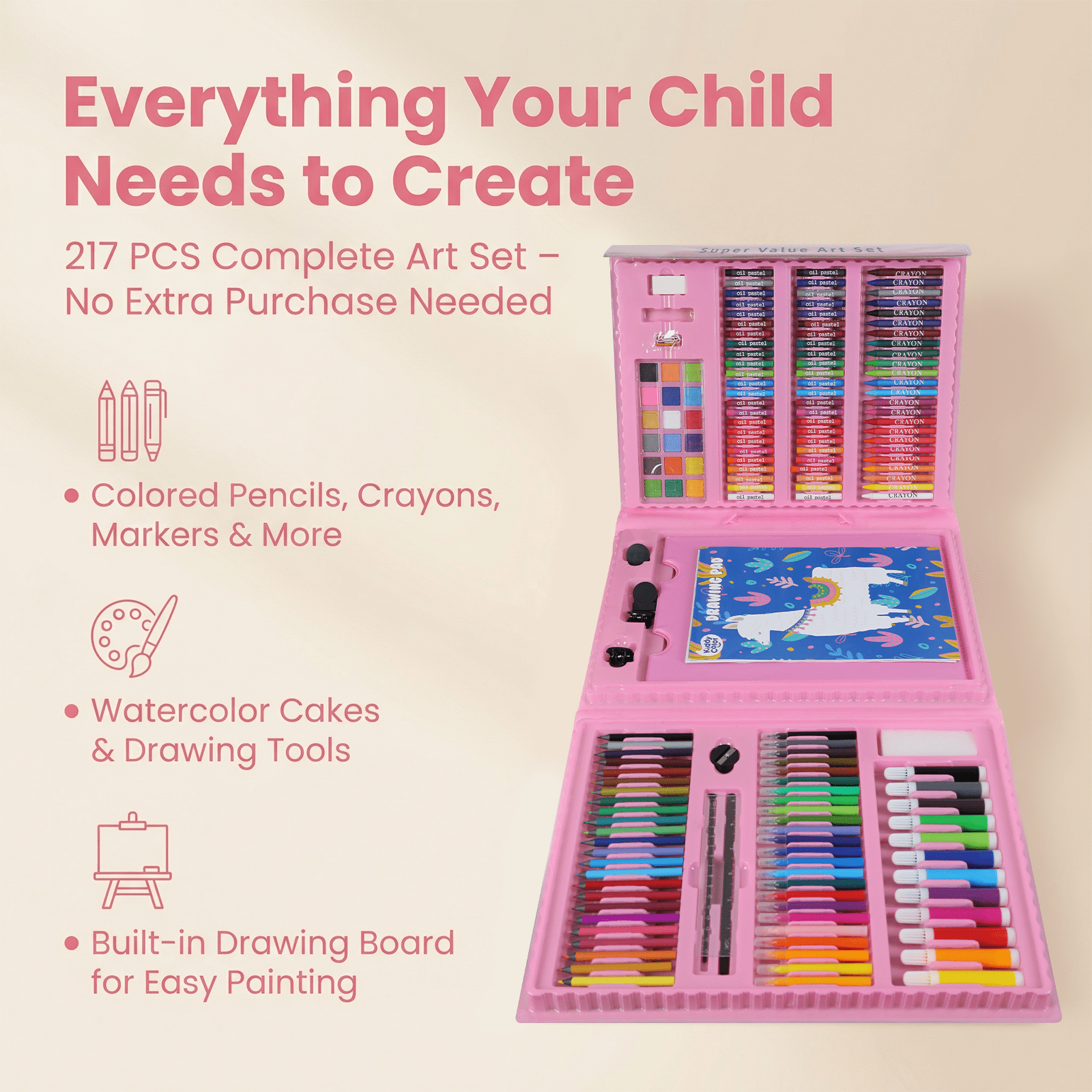KIDDYCOLOR Kids Drawing Set with Easel, Portable Carrying Case, 217 Pcs