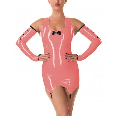 Women Sexy Halter Sleeveless Dress PVC Leather Bodycon Dress with Garter Clips Gloves Lingerie Mini Dress