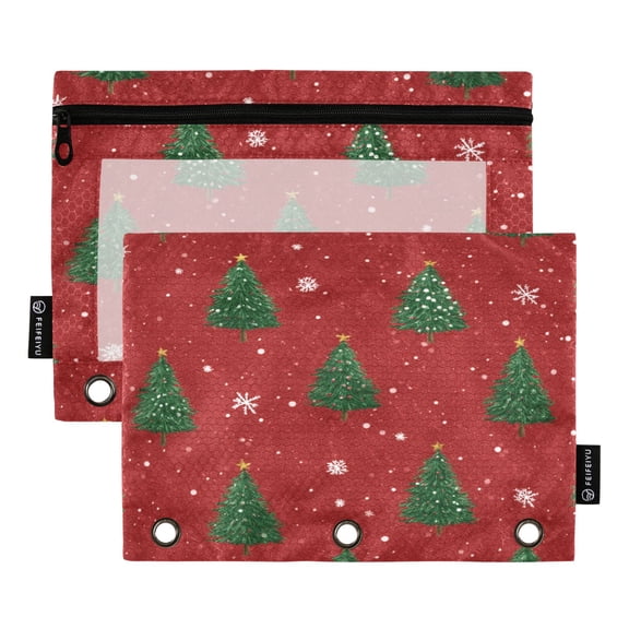 Christmas Trees Red Background Binder Pouches Zipper Pocket Document Storage 3 Rings 2 Packs A5 Size