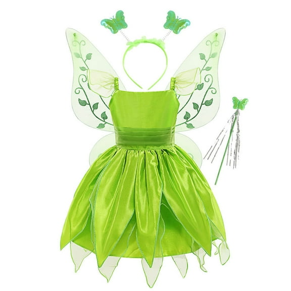 TiaoBug Kids Girls Fairy Elf Costume Ruffle Sleeve Mesh Tutu Dress with Hair Hoop Wand Wings Set Green 5-6