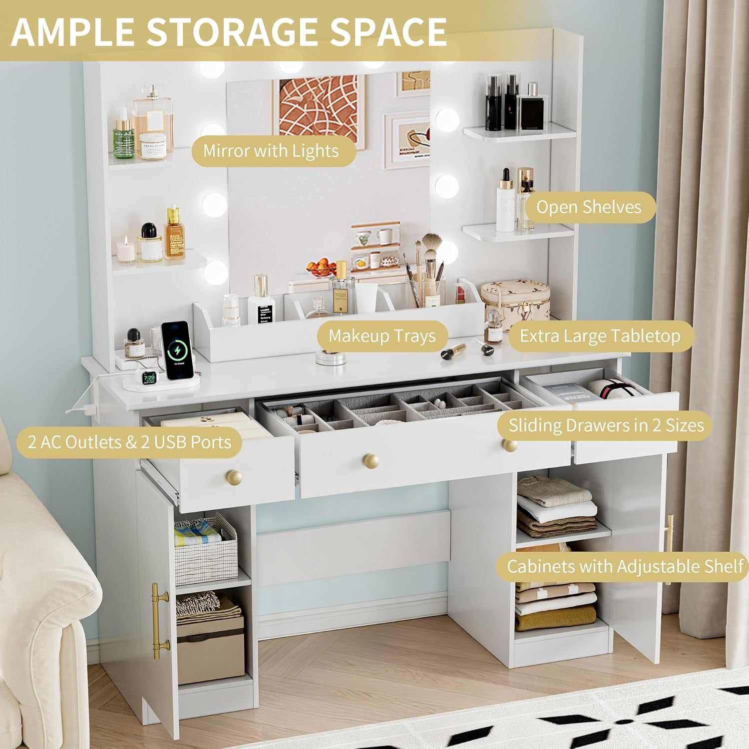 FANRAL 43'' Vanity Desk with 10 LED Lights,Under-Table RGB Strip & Built-in Power Station,Multi-Storage Makeup Table for Bedroom Bathroom Grooming,White Vanity