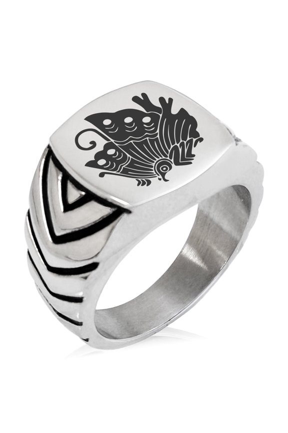 Stainless Steel Taira Ageha Samurai Crest Chevron Pattern Biker Style Polished Ring