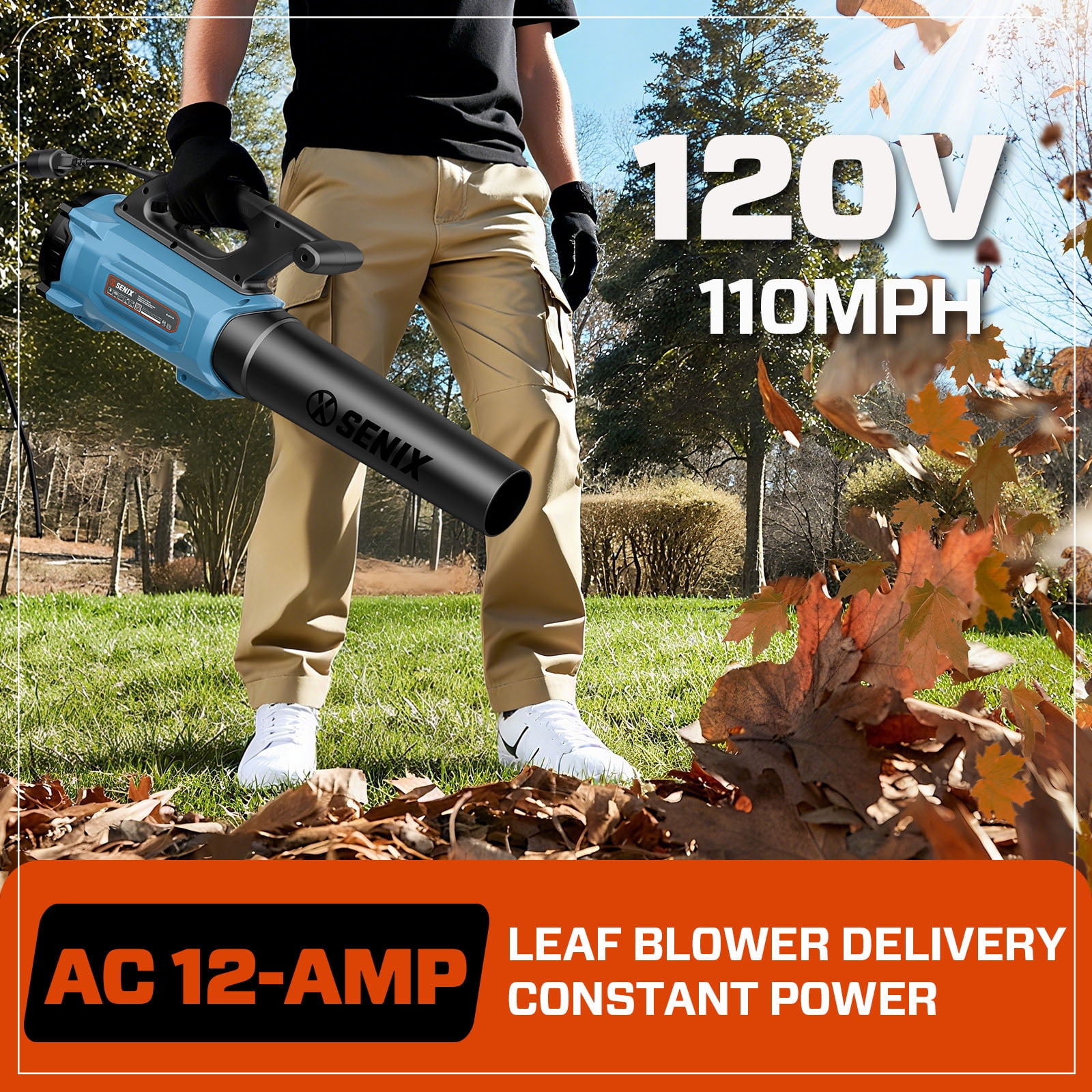 SENIX 120V Max* 12 Amp Corded Leaf Blower Handheld, 700 CFM/110 MPH, Variable Speed, 17.5N Blowing Force, BLAE12-M