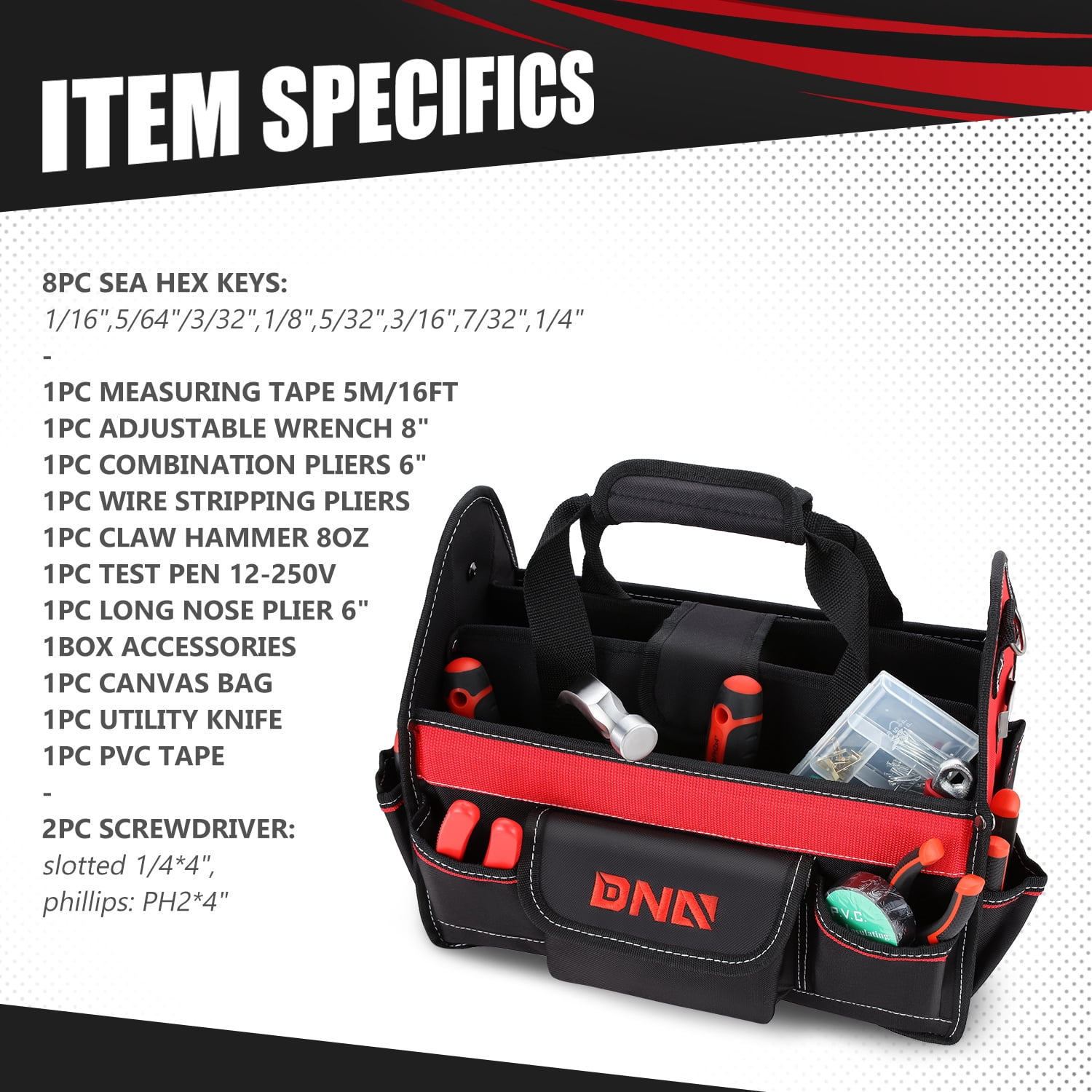 DNA Motoring TOOLS-00207 Red 21 PCs Portable Tool Kit Household General Repair Combination Pliers Adjustable Wrench Set Hand Tool Canvas Bag