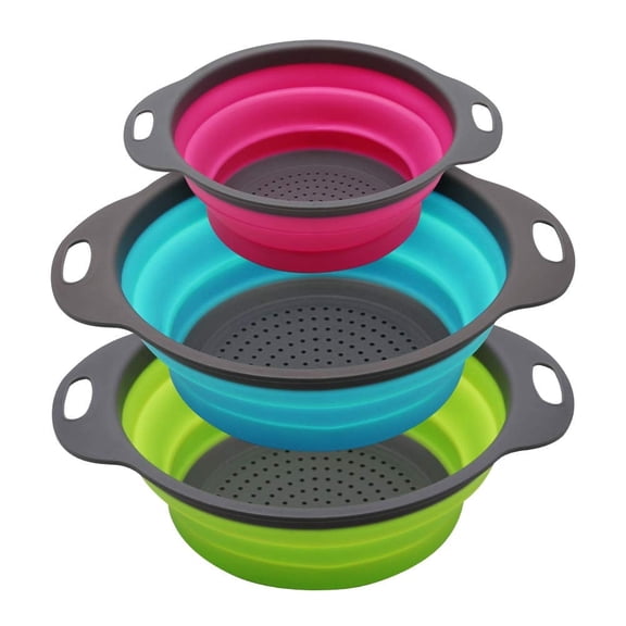 Gimgong Collapsible Colander Set of 3 Round Silicone Kitchen Strainer Set - 2 pcs 4 Quart and 1 pcs 2 Quart- Perfect for Draining Pasta, Vegetable and fruit (green,blue, purple)