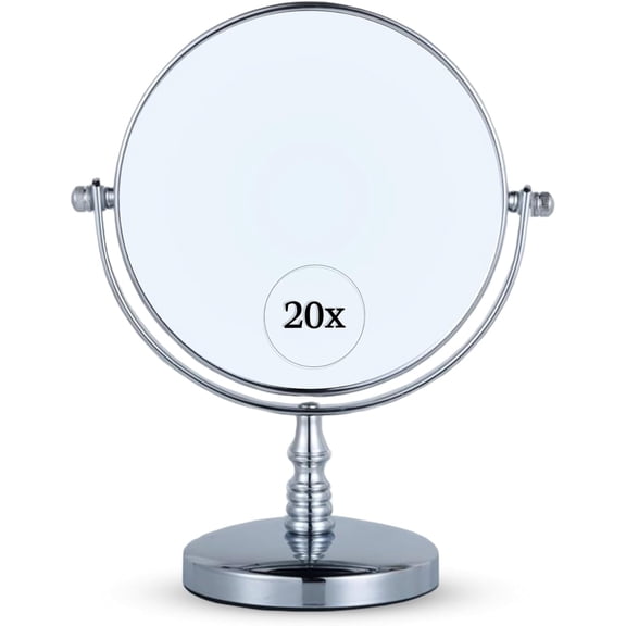 MIRRORVANA 20X Magnifying Makeup Mirror with Stand - Double-Sided 20X/1X Vanity Design for Desk, Countertop, or Bathroom Use - Ideal for Make Up and Skin Care Use - Stands 9" High x 6" Wide (Chrome)