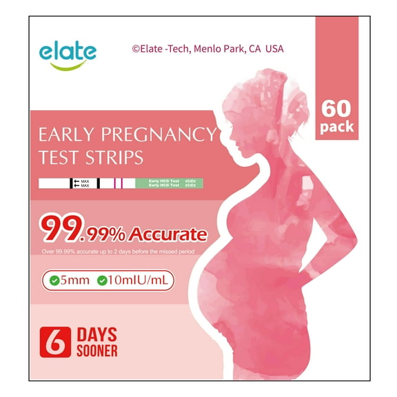 Elate Pregnancy Test Early Detection Strips – HCG Early Result 6-Days Sooner, 60 Count Bulk EPT, Pruebas De Embarazo, Ultra-Sensitive 10mIU/mL, 99.99% Accurate, Easy Home Use