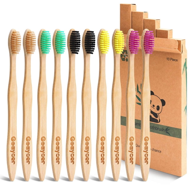 Eco Friendly Bamboo Toothbrush , 10Pack Medium Firm Bristles Biodegradable Bulk Wooden Toothbrushes,random color pattern
