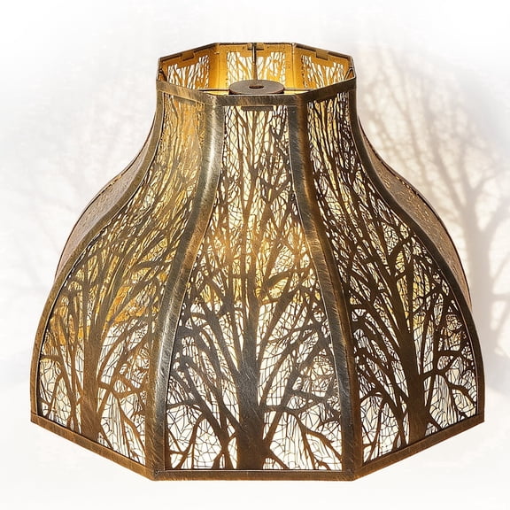 SWAIFDEE Octagonal Lotus Metal Lamp Shade Etched Forest Outer Bronze Inner Gold 5.32x13x9.5in Spider Fitter Lampshade for Table Floor Lamp