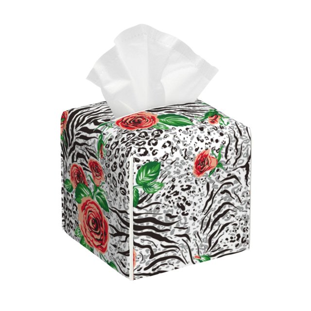 KLL Roses Mixed Zebra 1 Print Tissue Box Cover,Leather Tissue Holder Square Facial Tissue Case Facial Paper Organizer Dispenser for Bathroom, Vanity Countertop