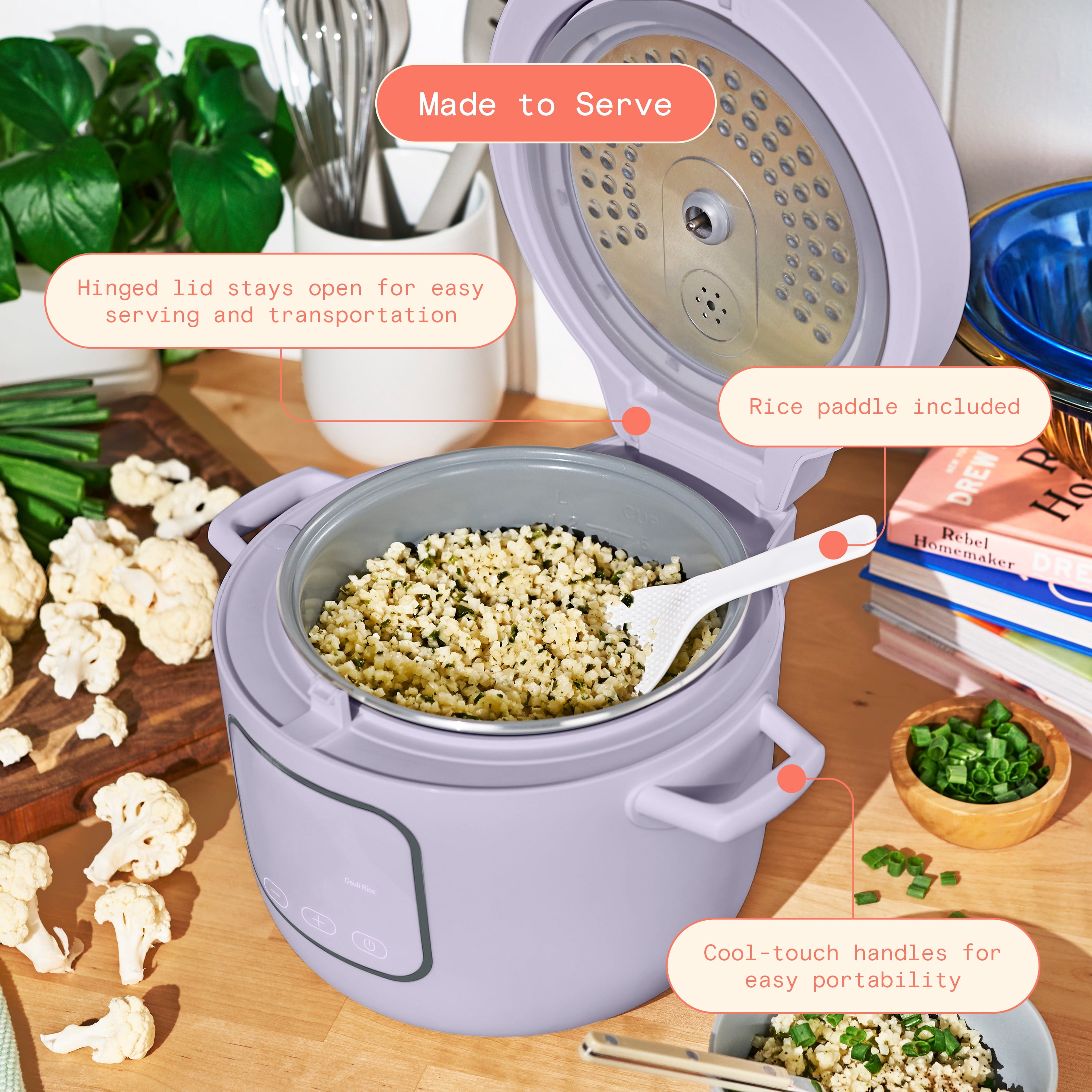Beautiful 14-Cup Cooked, 6-Cups Uncooked Electric Rice and Grain Cooker, EverGood™ Ceramic Nonstick Coating, Lavender by Drew Barrymore