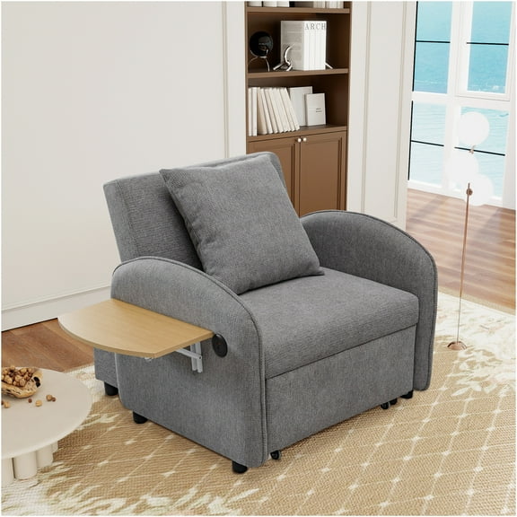JERFIT 3-in-1 Convertible Sofa Bed with Pull-Out Sleeper, USB Charging, Foldable Desk & Adjustable Backrest, Linen Fabric for Small Space, Office & Living Room, Gray