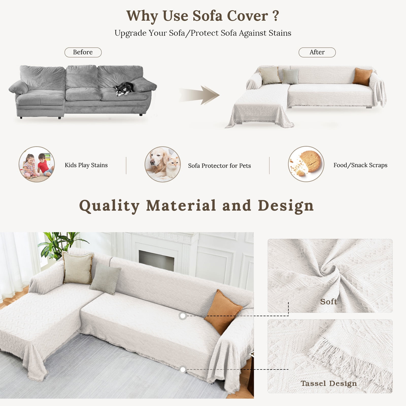 Sanmadrola Sofa Covers Couch Cover Sectional L Shape Couch Blanket Cover Sofa Slipcovers for Most Shape Sofas Washable Thick Soft Throws Cover Blankets for Living Room 91"x134" White
