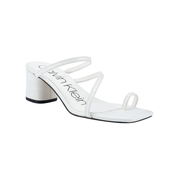 CALVIN KLEIN Womens White Toe Ring Asymmetrical Padded Belma Square Toe Block Heel Slip On Leather Dress Heeled Sandal 5.5 M