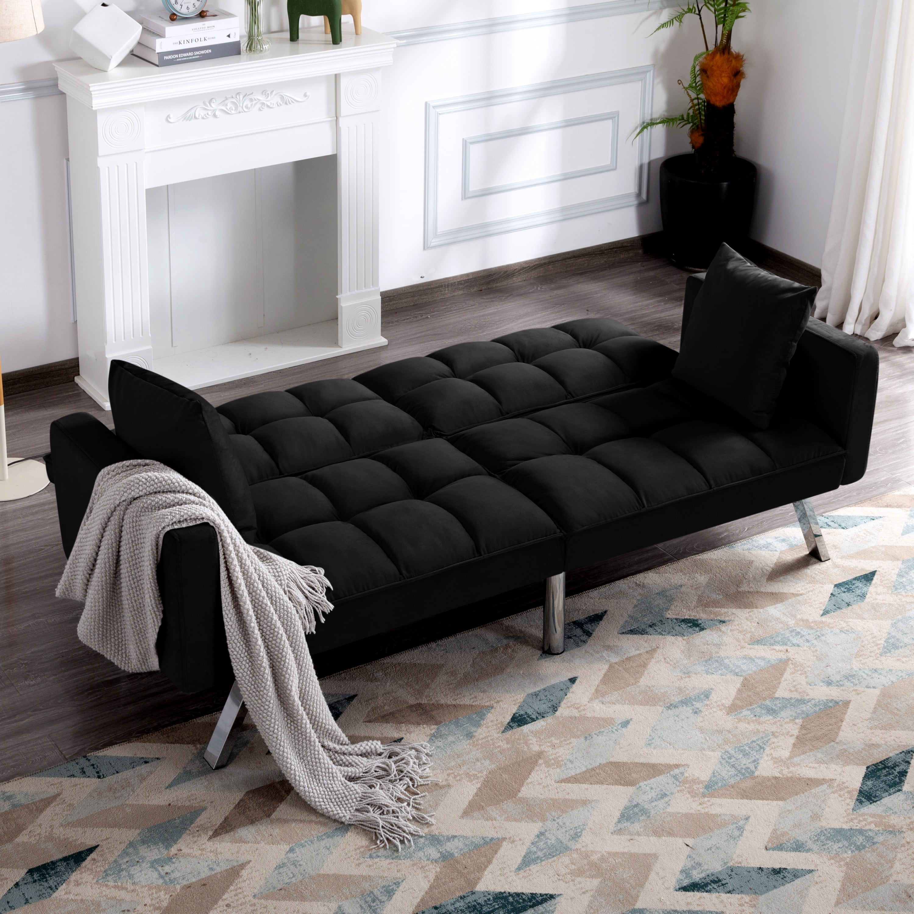 BSHTI 74” Twin Size Futon Sofa Bed,Square-tufted Upholstery Futon Sleeper,Velvet Fabric Sleeper Sofa,for Home,Office,and Guest Room,Black