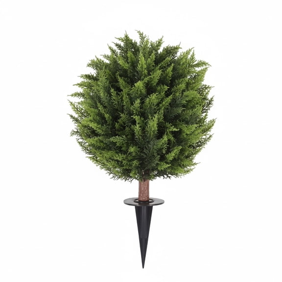 Guvpev 24"Artificial Evergreen Topiary Ball,1PCS Artificial Shrub Bushes with Ground Spike, Fake Evergreen Tree for Porch, Artificial Plants for Outdoor Planters Indoor UV Resistant